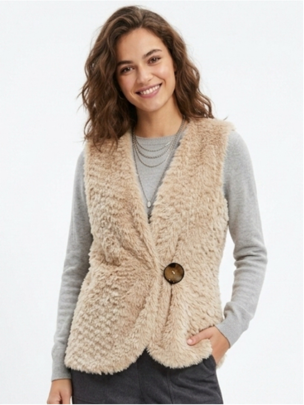 Toujours Elegant Beige Faux Fur Fleece Asymmetric One-Button Vest - OS